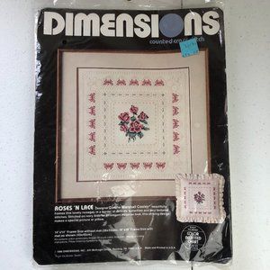 Dimensions Counted Cross Stitch Roses N Lace Craft Kit Size 14 x 14 Vintage 1986